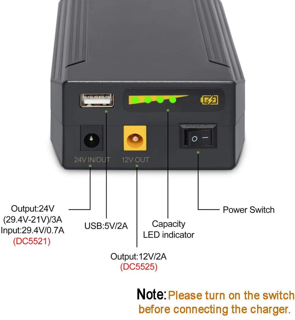 PB240A1 25.9V 3200mAh Lithium Ion Battery Pack with 24V/12V DC and 5V USB Output | Multi-Voltage Portable Power Supply for Electronics